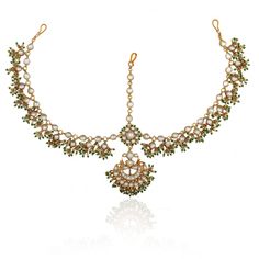 Floral Kundan with Green Hangings Mathapatti Riana by Shikha Jindal - Fabilicious Fashion Gold Plated Jewellery, Traditional Indian Jewellery, Cloth Store, Indian Wedding Wear, Green Beads, Traditional Attire, Green Bead, Wedding Wear, Gold Plated Jewelry