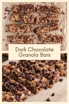 chocolate granola bars are stacked on top of each other and ready to be eaten