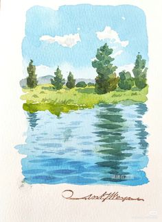 a watercolor painting of a lake with trees in the background