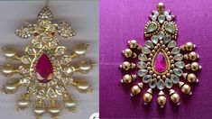 two different types of brooches with gold and pink stones on the bottom, one is