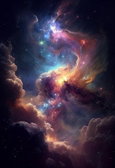 an image of some clouds and stars in the night sky with bright colors on them