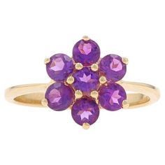 Size: 6 3/4 Sizing Fee: Up 2 sizes for $30 or Down 2 sizes for $30 Metal Content: 14k Yellow Gold Stone Information Natural Amethysts Carat(s): 1.05ctw Cut: Round Color: Purple Total Carats: 1.05ctw Style: Cluster Halo Theme: Flower, Blossom Measurements Face Height (north to south): 15/32" (11.7mm) Rise Above Finger: 1/4" (5.8mm) Weight: 2.9 Grams Stamps: 14k, maker's mark Condition: Pre-Owned Professionally cleaned, polished, and tested to guarantee metal content. Purple 14k Gold Ring With Round Cut, Purple 14k Gold Round Cut Ring, Round Yellow Gold Amethyst Jewelry, Elegant Purple Amethyst Flower Ring, Purple Gemstones In 14k Gold, Round Shaped, Purple Rings, Halo Rings, Cocktail Rings, Makers Mark