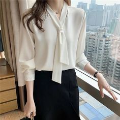 Dark Academia Clothing Blouse and Tops Office Long Sleeve - Etsy White Chiffon Blouse, Women Blouse, White Chiffon, Loose Shirts, Chiffon Shirt, Chiffon Blouse, Office Lady, Office Ladies, White Long Sleeve