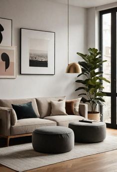 a living room filled with furniture next to a large window and a potted plant