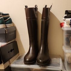 Rain Boots On Another Level. Stylish Riding Boots With Rubber Surface And With Warm Insulation Inside. Great For Fall And Winter Rainy Weather. Rainy Weather, Winter Rain, Fall And Winter, Brown Color, Riding Boots, Rain Boots, Insulation, Banana Republic, Women Shoes