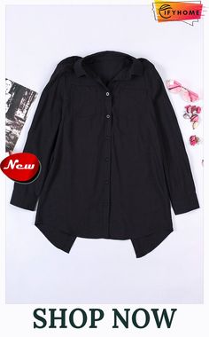 Black Chest Pockets Split Button-up Boyfriend Shirt Casual Black Shirt With Lapel Collar, Black Tops With Pockets And Lapel Collar, Black Top With Lapel Collar And Pockets, Black Top With Pockets And Lapel Collar, Casual Black Top With Button Cuffs, Black Shirt With Lapel Collar For Fall, Black Blouse With Lapel Collar And Button Cuffs, Oversized Black Tops With Buttons, Oversized Black Top With Buttons