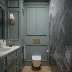 a bathroom with green walls and wood flooring, along with a white toilet in the middle