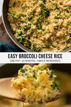 broccoli cheese rice in a skillet and on a wooden spoon with the words easy broccoli cheese rice