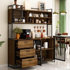 a kitchen with wooden cabinets and shelves filled with dishes