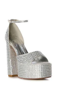 Glistening rhinestones shower a sky-high platform sandal that'll have you ready to strike a pose. 5 1/4" heel (size 8.5) 2" platform (size 8.5) Synthetic or textile upper/synthetic lining and sole Adjustable ankle strap with buckle closure Imported Asian & Pacific Islander Owned/Founded Pacific Islander, Azalea Wang, Chic Leather, Sky High, Strike A Pose, Anniversary Sale, Platform Sandals, Women's Shoes Sandals, Ankle Strap