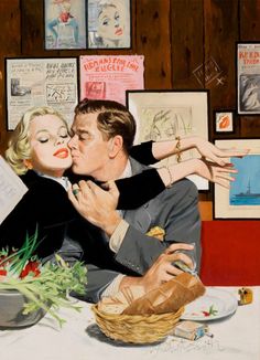 a painting of a man and woman kissing in front of a table with pictures on it