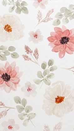 a white and pink flowered wallpaper with leaves on the bottom half of it