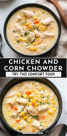 two bowls of chicken and corn chowder with spoons