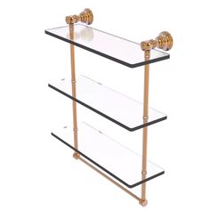 three tiered glass shelf with brass accents