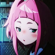 an anime character with pink hair and green eyes