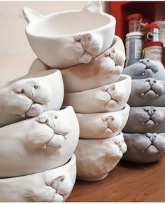 there are many cat bowls on the table