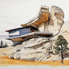 a drawing of a house on top of a mountain