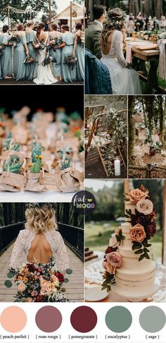 wedding color palettes with different shades and flowers on the top, bottom left side