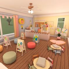 a child's playroom with lots of chairs and tables in the middle of it