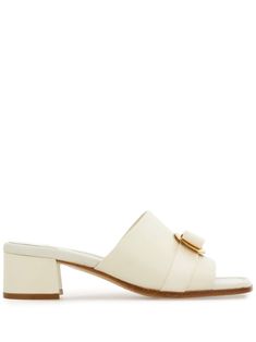 cream white lambskin gold-tone logo plaque slip-on style square open toe branded leather insole 40mm mid block heel Bow Mules, Block Heel Mules, Heel Mules, Mule Clogs, Mules Shoes, Cream White, Salvatore Ferragamo, Block Heels, Open Toe