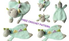 four crocheted stuffed animals are shown in different poses and sizes, including one with a fish on it's back