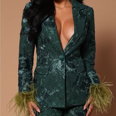 I Am Selling Similar Items To This One. This Is An Xs. It Still Has The Green Feathers On It. Glamorous Fitted Long Sleeve Blazer, Fitted Long Sleeve Blazer For Party Season, Fitted Green Blazer For Evening, Green Fitted Evening Blazer, Fitted Green Evening Blazer, Tailored Long Sleeve Glamorous Outerwear, Glamorous Tailored Long Sleeve Outerwear, Chic Green Blazer For Night Out, Green Evening Blazer For Fall