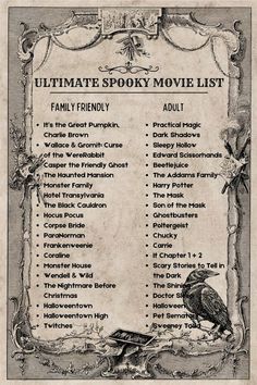 the ultimate spooky movie list is shown in black and white with an ornate frame