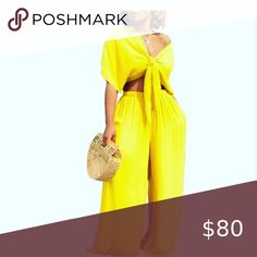 Lemonade 2 Piece Set Stretchy Breathable Comfy Must Have 2 Piece Summer Ensemble SBV Pants & Jumpsuits Pantsuits Yellow Short Sleeve Vacation Sets, Casual Yellow Ruffled Sets, Yellow Printed Vacation Sets, Yellow Two-piece Beach Set, Chic Yellow Wide-leg Set, Lemonade, Must Haves, Pant Jumpsuit, Jumpsuit