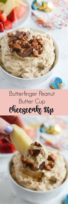 butterfingered peanut butter cup cheesecake dip is an easy dessert that's ready to be eaten