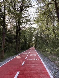 a red bike path in the middle of some trees and gravel with white lines painted on it