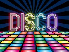 the word disco spelled in neon colors on a colorful background with squares and lights around it