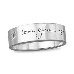 On your special day, present this thoughtful Personalized wedding band. Crafted in sterling silver, this 6.0mm-wide design showcases your handwritten message inscribed along the outside of the band. Complete the look with a message - up to 20 characters in length - inscribed along the inside of the shank, which is rounded for all-day comfort. Using the finest metals and latest technology, this piece is handcrafted and meticulously finished in the Usa. Polished to a bright shine, this band is a s Custom Text Jewelry For Anniversary, Classic Jewelry With Custom Text For Anniversary, Personalized Sterling Silver Engraved Wedding Ring, Engraved Sterling Silver Promise Band, Signature Engraved Jewelry For Anniversary, Sterling Silver Engraved Promise Band, Silver Jewelry With Engraved Text For Wedding, Customizable Signature Jewelry For Anniversary, Silver Wedding Jewelry With Engraved Text