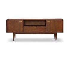 the sideboard is made from wood and has two drawers, one with brass handles