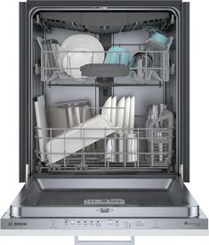 an open dishwasher with dishes in it