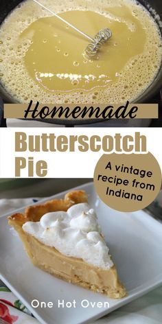 A white plate with a slice of butterscotch pie and text overlay. Butterscotch Pie Old Fashioned, Old Fashioned Pies, Homemade Butterscotch Pie, Carmel Pie, Butterscotch Pie Recipe, Flakey Pie Crust, Homemade Pie Recipes, Butterscotch Pie, Cranberry Baking