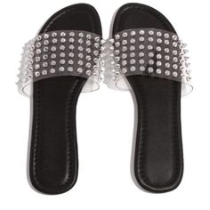 SIZE & FIT Heel Height Approx: 0.5" True to Size PRODUCT DETAILS Spiked Clear Strap Slip-On Entry Lightly Padded Insole Black Sandal Debut Dresses, Maxi Shirts, Maxi Shirt Dress, You Bag, Black Sandals, Sale Items, Heel Height, Loafers, Slip On