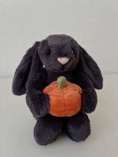 a stuffed rabbit holding a small pumpkin