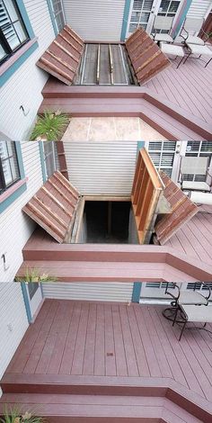 an aerial view of a building with steps leading up to the top floor and stairs down to the second floor