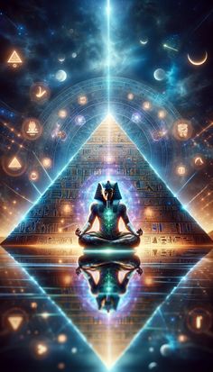 an image of a person sitting in front of a pyramid with the light coming from it