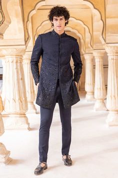 Navy blue bandhgala featuring cutdana hand embroidery in the front and sleeves. Paired with a pant. - Aza Fashions Engagement Dress For Groom Indian Men, Engagement Dress For Groom Indian, Blue Bandhgala, Engagement Dress For Groom, Jodhpuri Suits For Men, Wedding Dresses Men Indian, Wedding Outfit Men, Cocktail Night, Wedding Dress Men