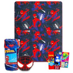 the spiderman bedding set includes two sheets, pillow cases and other items to make it