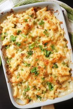 a casserole dish with cheese and broccoli