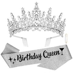 a tiara and ribbon with the words birthday queen written on it in black ink