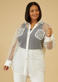 Make a splash in this daringly sexy mesh shirt with its sheer, open net design. Summer Button-up Top With Sheer Sleeves, Summer Sheer Sleeves Button-up Blouse, Chic Long Sleeve Fishnet Top, Sheer Collared Shirt For Spring, Sheer Button-up Summer Shirt, Spring Mesh Blouse With Mesh Sleeves, Spring Blouse With Mesh Sleeves, Summer Sheer Collared Tops, Sheer Collared Top For Summer