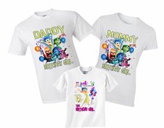 the birthday girl and boy shirts are white with monsters on them, one has balloons