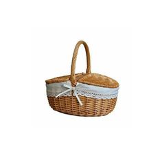 a wicker basket with white trim on the bottom and handles, tied in a bow