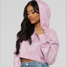 Cropped Hoodie With A Shiny Pink Metallic Fabric! From Fashion Nova. Nwt Size Med. There Is One Snap On Each Wrist And The Hood Is Lined With A Pale Pink Satin Like Material. Silver Casual Hoodie For Streetwear, Silver Hoodie For Fall Streetwear, Silver Hoodie For Winter, Silver Hoodie For Winter Streetwear, Silver Hooded Hoodie For Fall, Casual Silver Hooded Hoodie, Silver Casual Hoodie For Winter, Silver Casual Hoodie For Fall, Silver Long Sleeve Hoodie For Winter