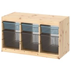 a wooden shelf with four bins on it