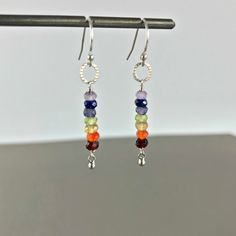 "Chakra Earrings, Rainbow Earrings, Yoga Jewelry, Dainty Earrings, Silver Earrings, Boho Earrings, Cute Earrings, Hippy Earrings, Handmade Earrings Refreshingly light for wearing every day yet bold enough to take center stage for special occasions. I added small textured links between the Ear wires and gemstone bars to add depth and dangles to the pieces. This minimalist, modern design is perfect for everyday wear or gifts for yourself, girlfriend, wife, or mom. + 1.9\" from the top curve of the Hippy Earrings, Dainty Earrings Silver, Chakra Earrings, Gold Chandelier Earrings, Chakra Racine, Black Earrings Dangle, Carnelian Jewelry, Hippie Earrings, Jewelry Dainty