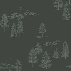 a black and white drawing of trees with mountains in the background